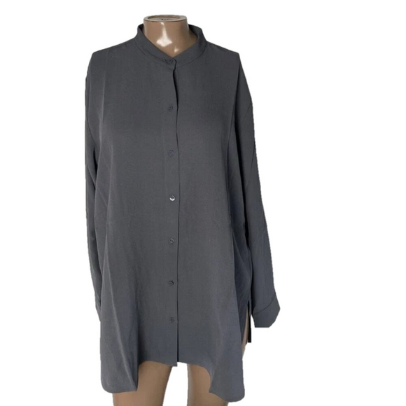 NEW EILEEN FISHER Women’s Button-Up Shirt Grey Size S Ebony Mandarin Collar Long - Picture 1 of 9